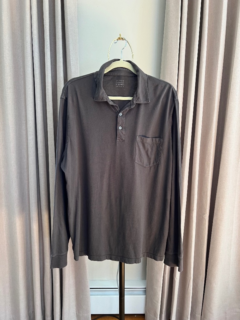J Crew Broken In Long Sleeve Polo Shirt Mens XL Gray